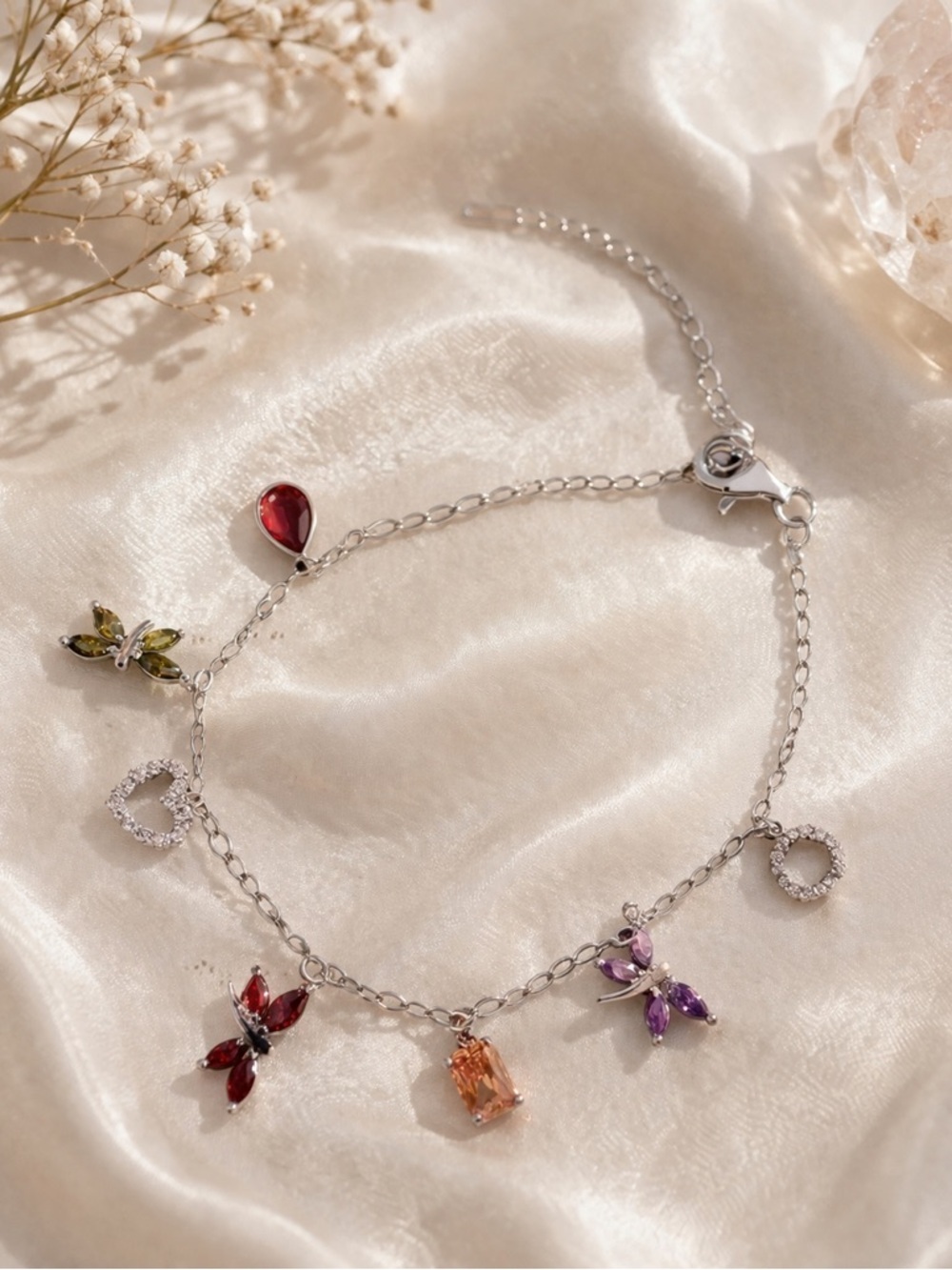 Silver Charm Bracelet w/ Gemstone Drops & Butterfly Accents - Picture 4 of 5